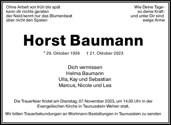 Traueranzeige von Horst Baumann von Wiesbadener Kurier