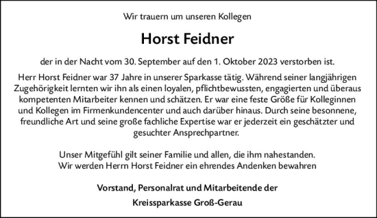 Traueranzeige von Horst Feidner von Groß-Gerauer Echo