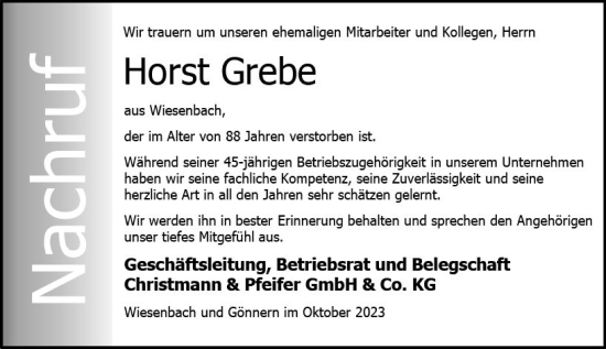 Traueranzeige von Horst Grebe von Hinterländer Anzeiger