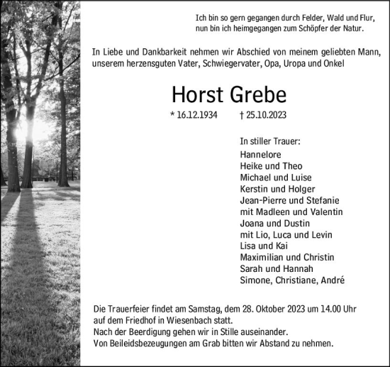 Traueranzeige von Horst Grebe von Hinterländer Anzeiger