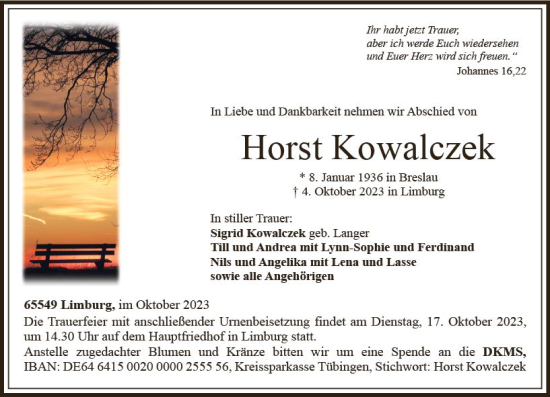Traueranzeige von Horst Kowalczek von Nassauische Neue Presse