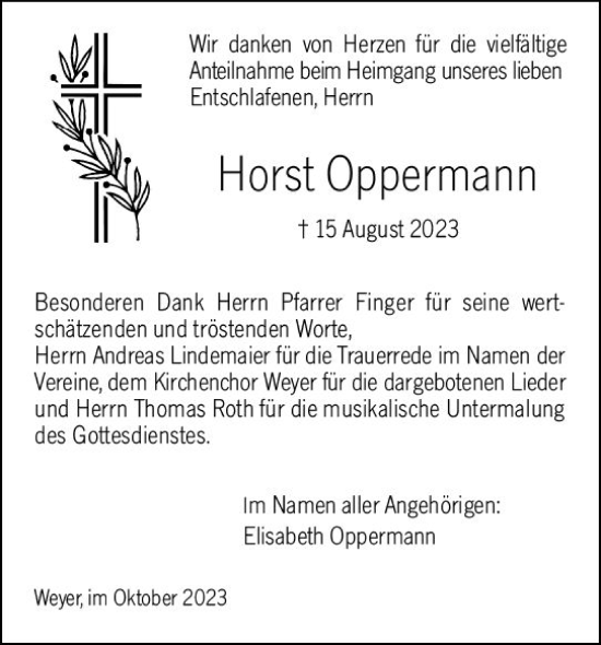 Traueranzeige von Horst Oppermann von Weilburger Tageblatt