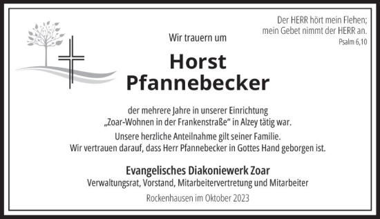 Traueranzeige von Horst Pfannebecker von Allgemeine Zeitung Alzey