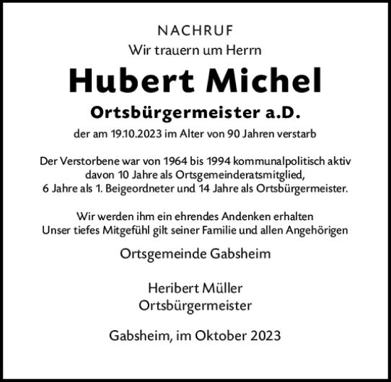 Traueranzeige von Hubert Michel von Allgemeine Zeitung Alzey