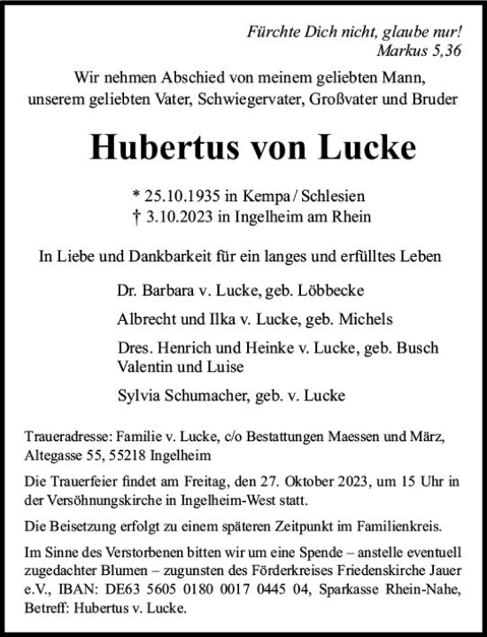 Traueranzeige von Hubertus von Lucke von Allgemeine Zeitung Bingen/Ingelheim