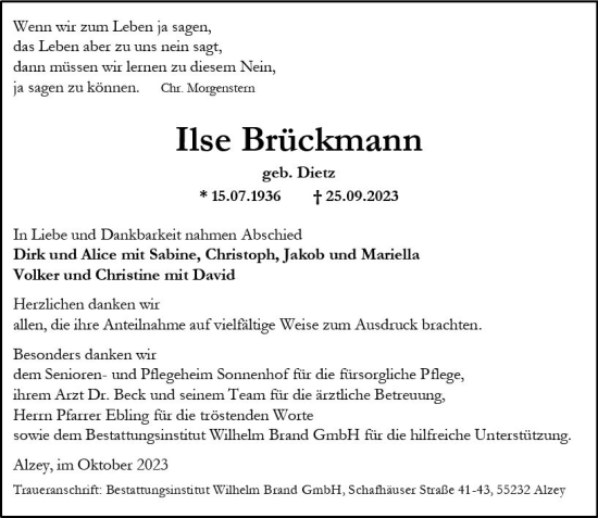 Traueranzeige von Ilse Brückmann von Allgemeine Zeitung Alzey
