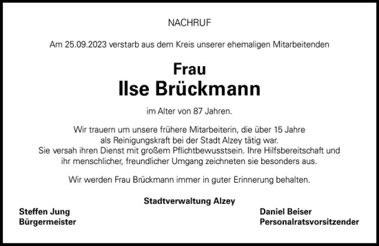 Traueranzeige von Ilse Brückmann von Allgemeine Zeitung Alzey