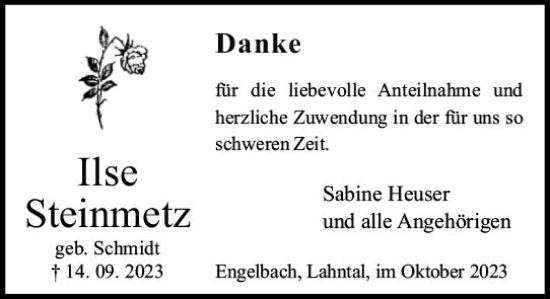 Traueranzeige von Ilse Steinmetz von Hinterländer Anzeiger