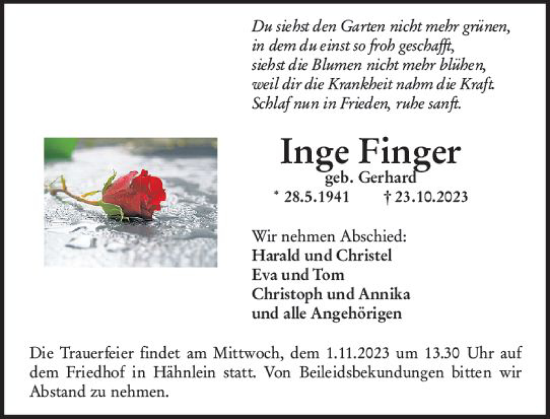 Traueranzeige von Inge Finger von Darmstädter Echo