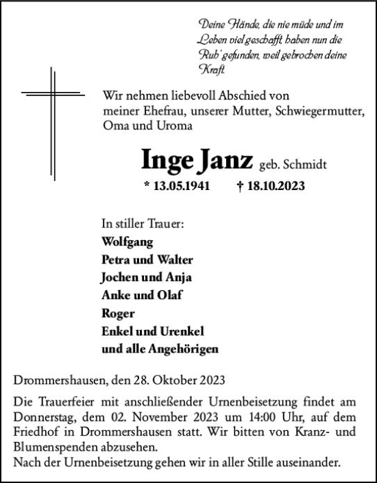 Traueranzeige von Inge Janz von Weilburger Tageblatt