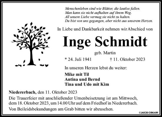 Traueranzeige von Inge Schmidt von Nassauische Neue Presse