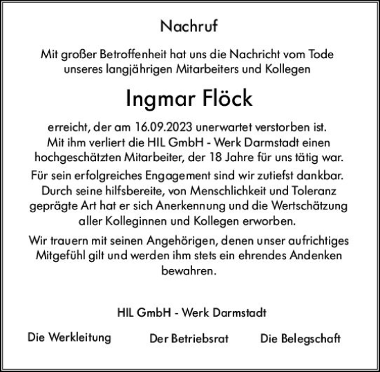 Traueranzeige von Ingmar Flöck von Darmstädter Echo