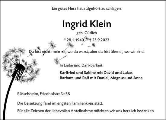 Traueranzeige von Ingrid Klein von Rüsselsheimer Echo