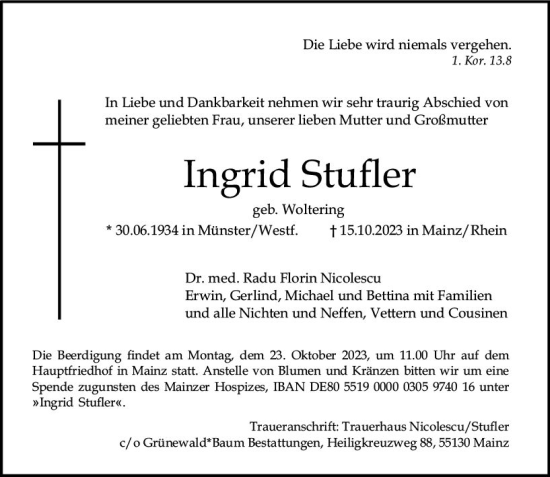 Traueranzeige von Ingrid Stufler von Allgemeine Zeitung Mainz