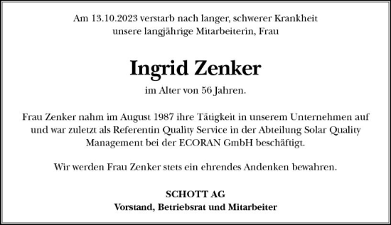 Traueranzeige von Ingrid Zenker von Allgemeine Zeitung Mainz