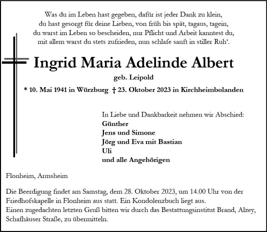 Traueranzeige von Ingrid Maria Adelinde Albert von Allgemeine Zeitung Alzey