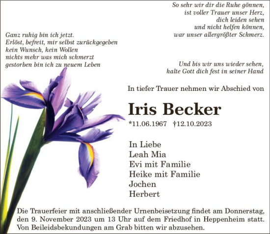 Traueranzeige von Iris Becker von Starkenburger Echo