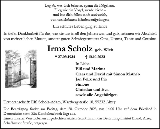 Traueranzeige von Irma Scholz von Allgemeine Zeitung Alzey