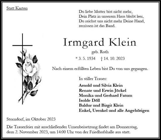 Traueranzeige von Irmgard Klein von Oberhessen Kurier