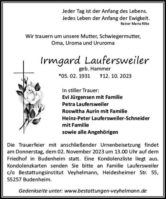 Traueranzeige von Irmgard Laufersweiler von Allgemeine Zeitung Mainz