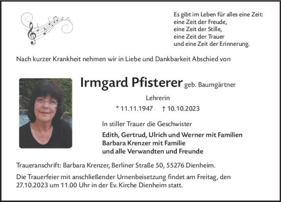 Traueranzeige von Irmgard Pfisterer von Allgemeine Zeitung Mainz