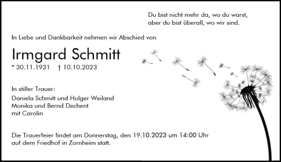 Traueranzeige von Irmgard Schmitt von Allgemeine Zeitung Mainz