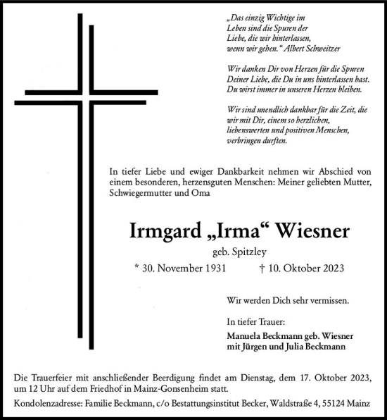 Traueranzeige von Irmgard Wiesner von Allgemeine Zeitung Mainz