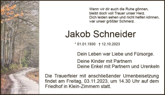 Traueranzeige von Jakob Schneider von Dieburger Anzeiger/Groß-Zimmerner Lokal-Anzeiger