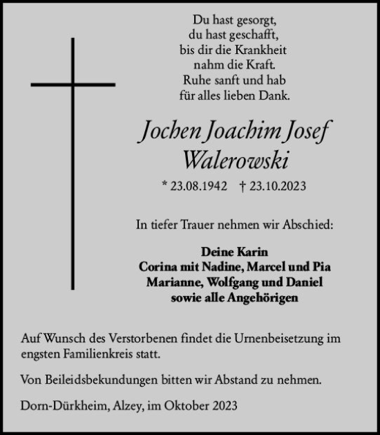 Traueranzeige von Jochen Walerowski von Allgemeine Zeitung Alzey