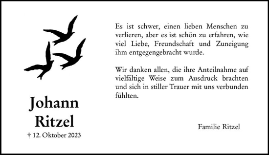 Traueranzeige von Johann Ritzel von Hinterländer Anzeiger