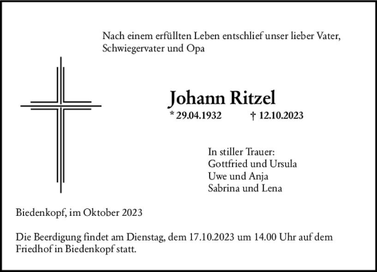 Traueranzeige von Johann Ritzel von Hinterländer Anzeiger