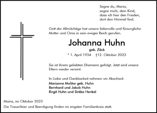 Traueranzeige von Johanna Huhn von Allgemeine Zeitung Bad Kreuznach