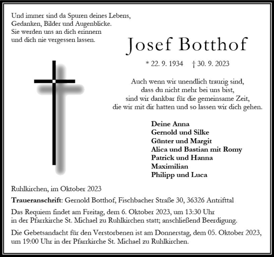 Traueranzeige von Josef Botthof von VRM Trauer