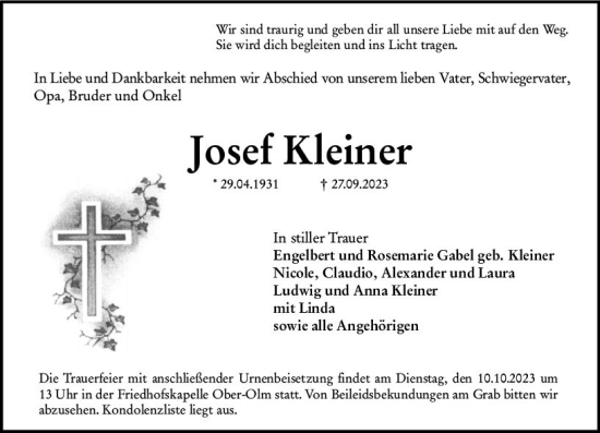Traueranzeige von Josef Kleiner von Allgemeine Zeitung Mainz