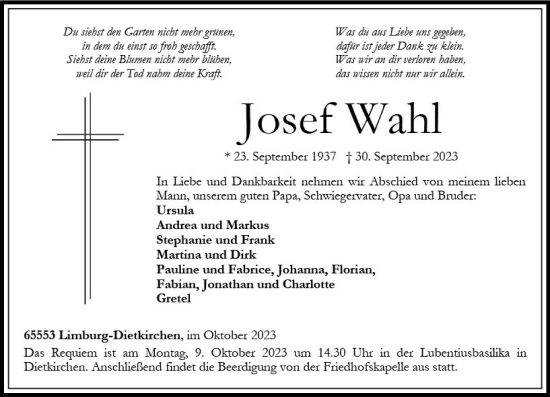 Traueranzeige von Josef Wahl von Nassauische Neue Presse