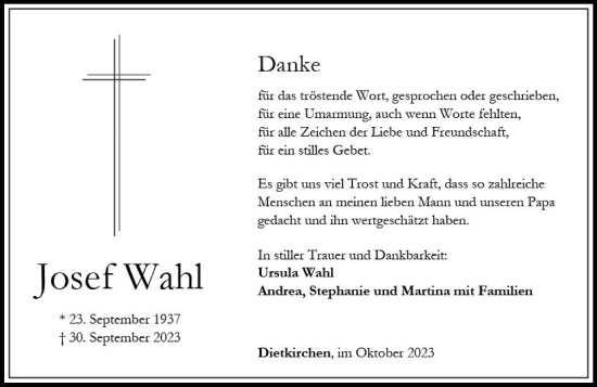 Traueranzeige von Josef Wahl von Nassauische Neue Presse