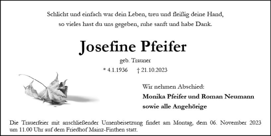 Traueranzeige von Josefine Pfeifer von Allgemeine Zeitung Mainz