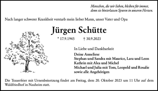 Traueranzeige von Jürgen Schütte von Rüsselsheimer Echo