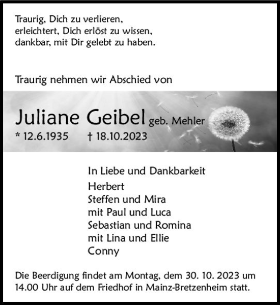 Traueranzeige von Juliane Geibel von Allgemeine Zeitung Mainz