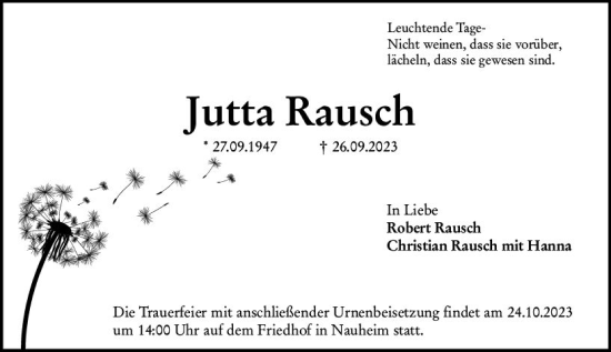Traueranzeige von Jutta Rausch von Rüsselsheimer Echo