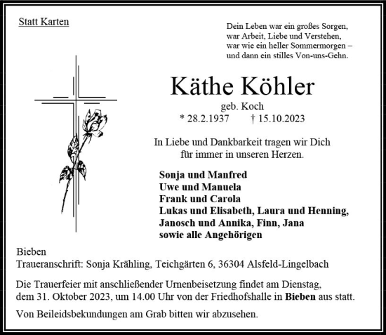 Traueranzeige von Käthe Köhler von Oberhessen Kurier