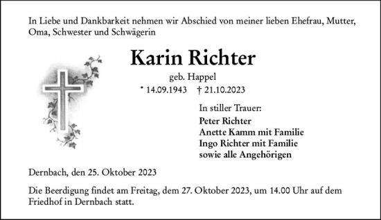 Traueranzeige von Karin Richter von Hinterländer Anzeiger