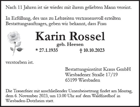 Traueranzeige von Karin Rossel von Wiesbadener Kurier