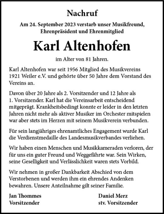 Traueranzeige von Karl Altenhofen von Bingen/Ingelheim WOBL inkl. Neue Binger Ztg.