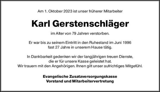 Traueranzeige von Karl Gerstenschläger von Darmstädter Echo