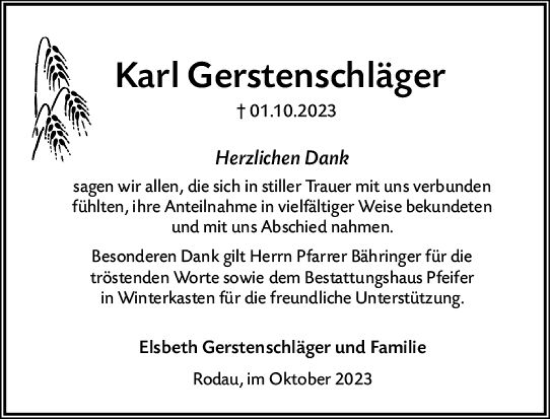 Traueranzeige von Karl Gerstenschläger von Darmstädter Echo