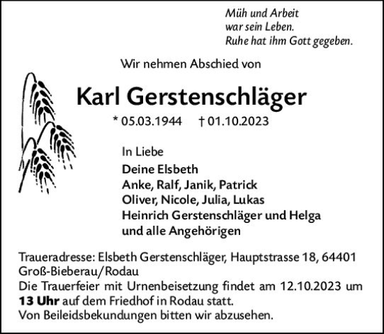 Traueranzeige von Karl Gerstenschläger von Darmstädter Echo