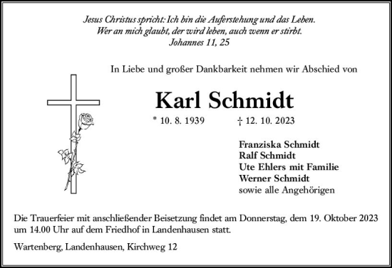 Traueranzeige von Karl Schmidt von VRM Trauer