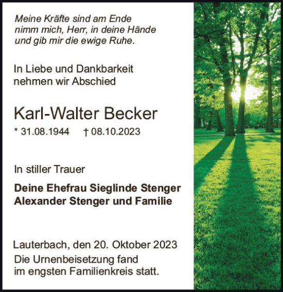 Traueranzeige von Karl-Walter Becker von VRM Trauer