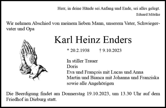 Traueranzeige von Karl Heinz Enders von Dieburger Anzeiger/Groß-Zimmerner Lokal-Anzeiger
